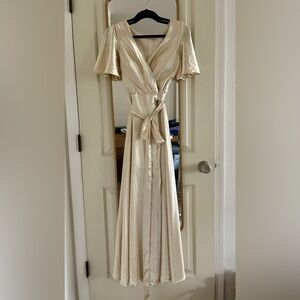 Women’s V-Neck Satin Champagne Long Formal Bridesmaid Dress